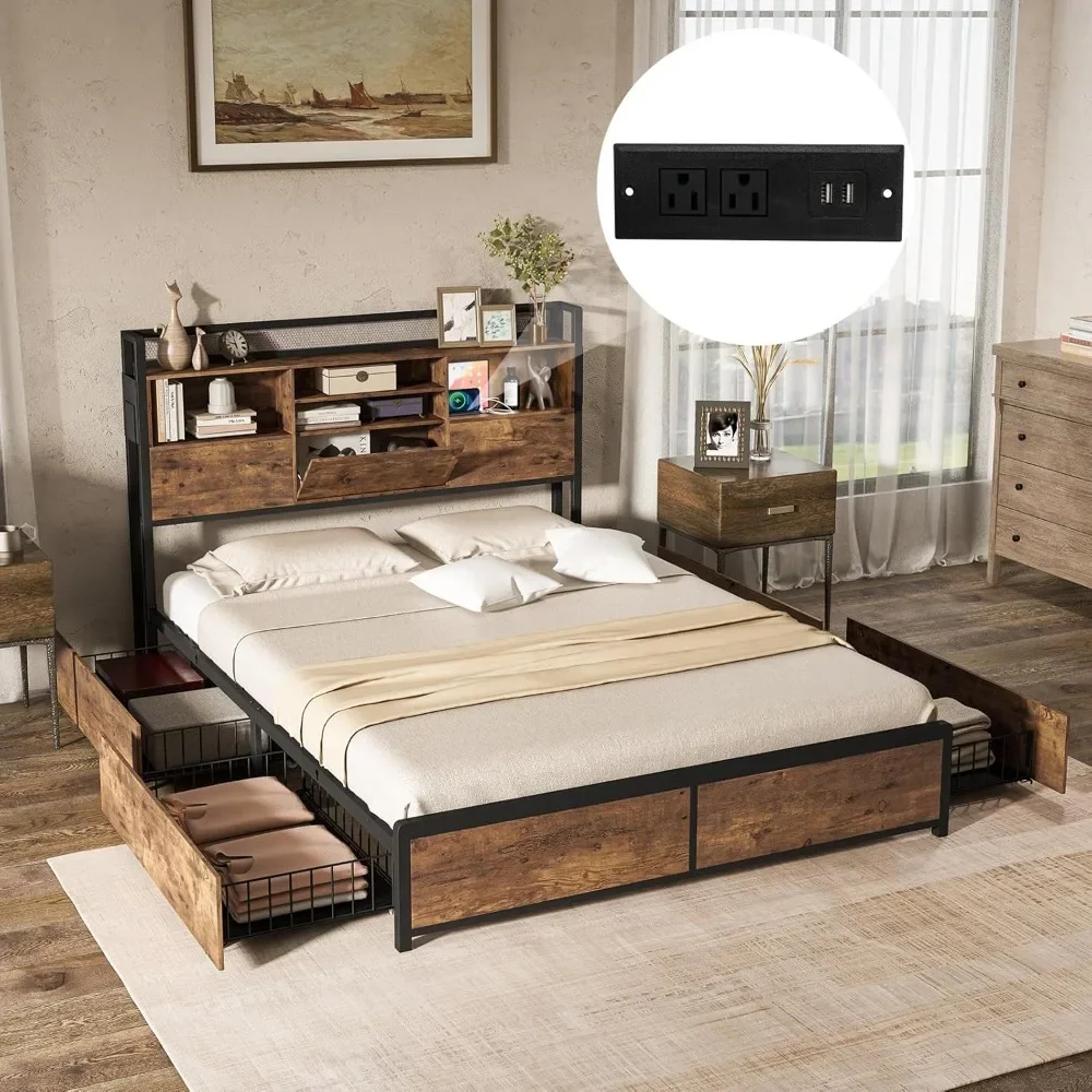 

Bed Frame with 4 Storage Drawers and Bookcase Headboard, Industrial Bed Frame with Charging Station, Heavy Duty Slats Support