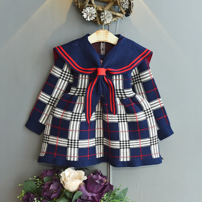 

girl sweater dress 2023 autumn winter warm knit dress 2-6Y girl knit sweater dress girl bow college style sweater dress