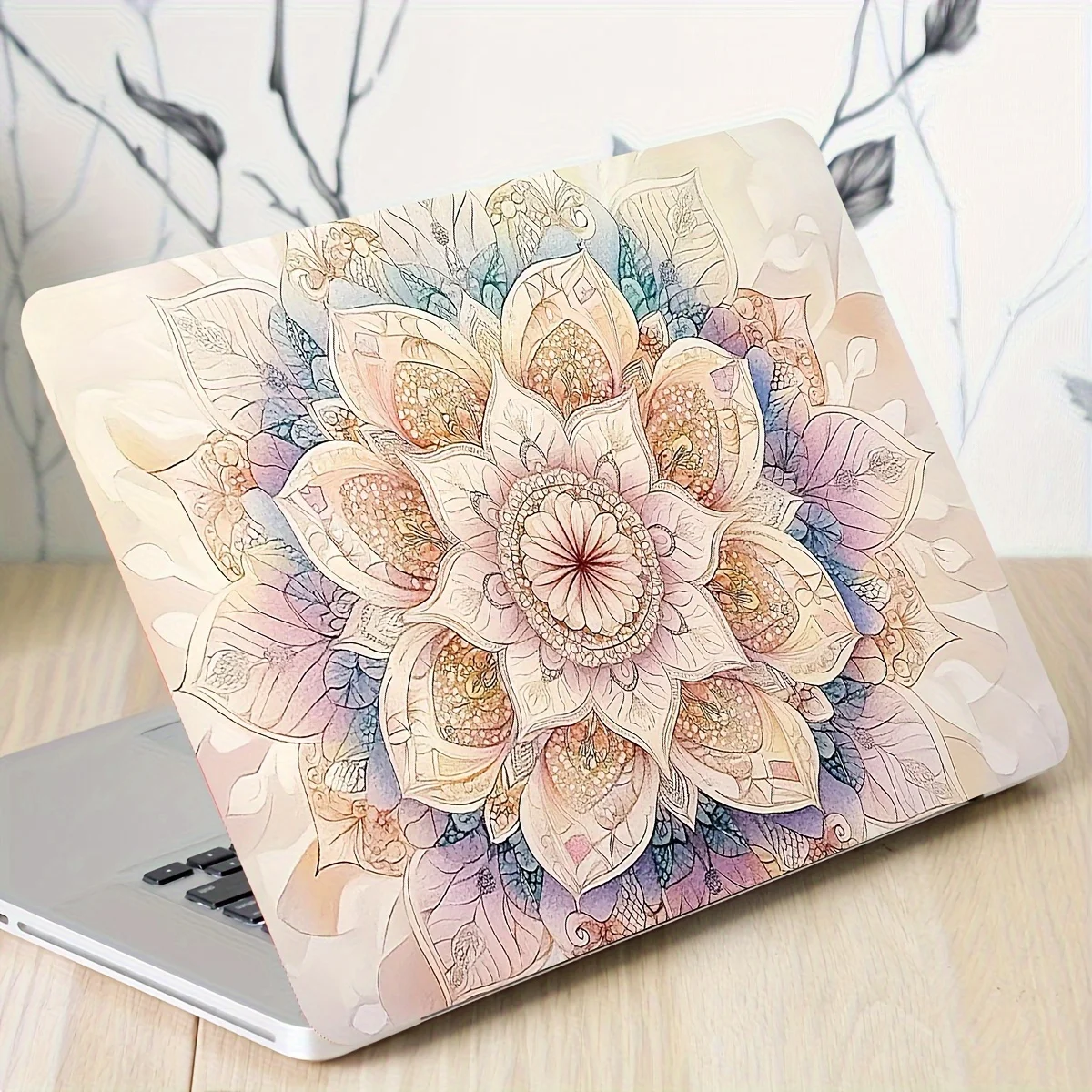 

2 Scratch Resistant Vinyl Laptop Stickers - Floral Mandala Decoration in Soft Pink, Light Blue and Orange Patterns, Semi-Glossy,