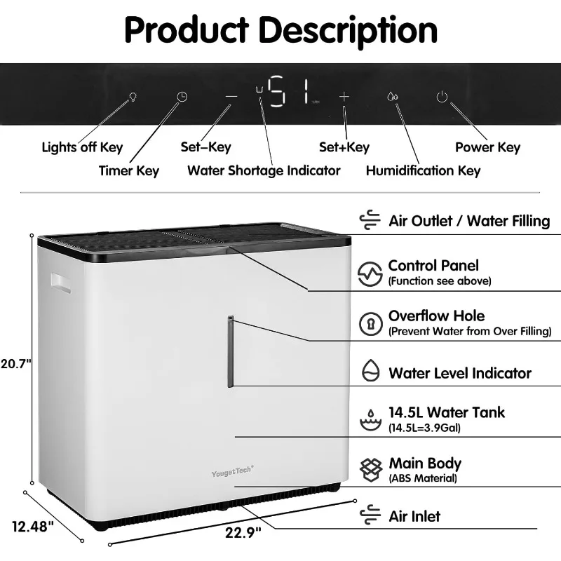 Humidificadores evaporativos para un gran espacio vivo, humidificador para toda la habitación con tanque de 14,5 L(3,9 gal), humidificadores sin niebla frescos de 60 W