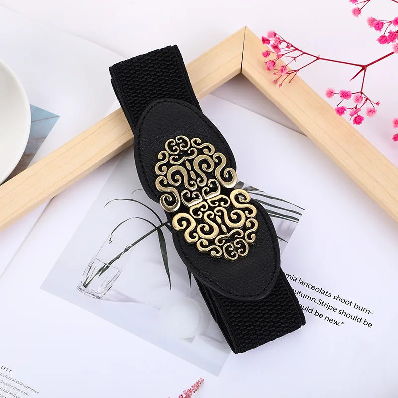Vintage Scroll Metal Buckle Elastic Waist Belt Splice Stretch Cinch Belt Fashion Decor Waistband For Dress Abaya Coat