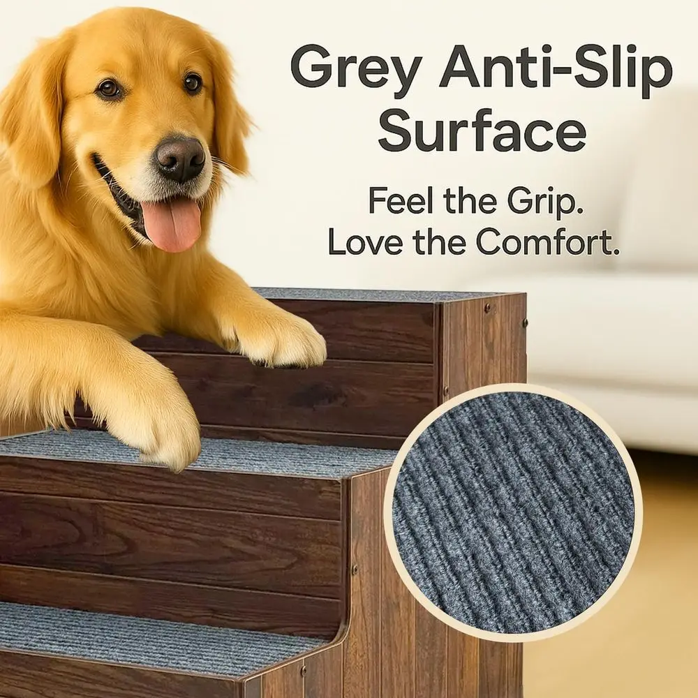 سلالم للكلاب الكبيرة، خطوات خشبية واسعة للحيوانات الأليفة، سلم كلب ثابت غير قابل للانزلاق بثلاث خطوات للسرير العالي والأريكة والأريكة - مقاس صلب مطور