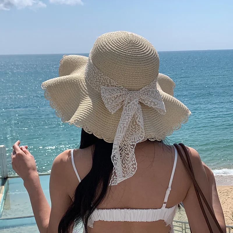 Women\'s Straw Hat Spring and Summer Lace Bow Large Brim Breathable Foldable Sunshade Caps Beach Cap Sweet Fisherman Hat S131