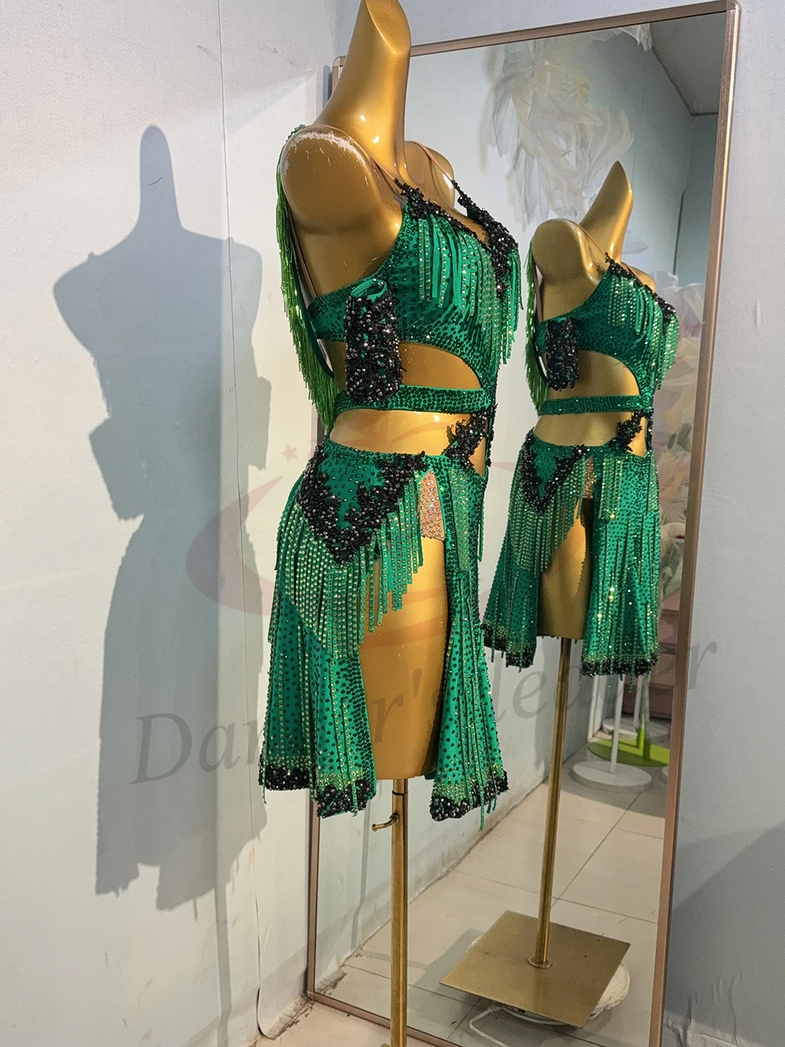 Traje de dança latina strass feminino high-end personalizado verde diamante tira saia dividida samba desempenho vestido