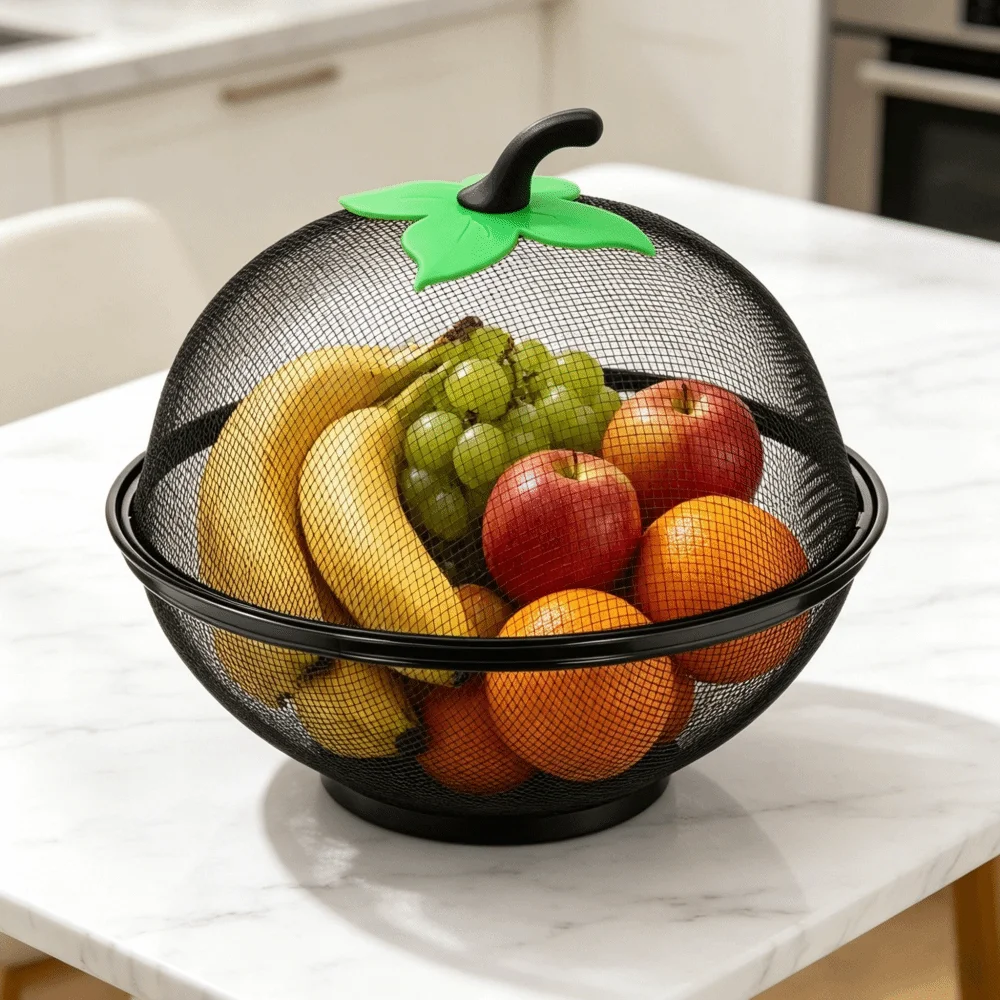 Food Storage Rack For Kitchen - ตะกร้าผลไม้โลหะพร้อมฝาปิดตาข่าย ทำความสะอาดง่าย อุปกรณ์จัดเก็บผักอเนกประสงค์ ทนความชื้น ชั้นวางของในครัว