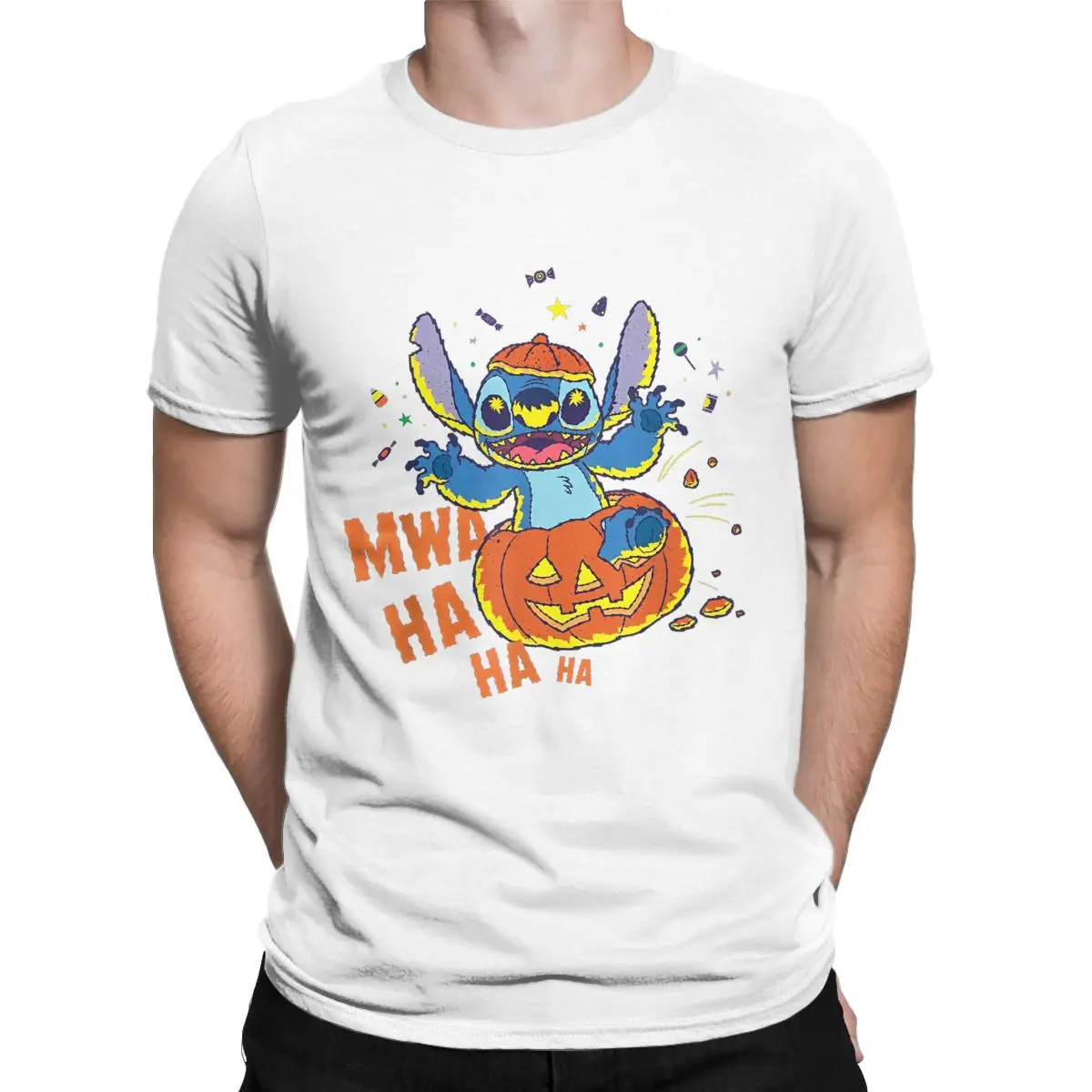 Stitch Jack-o--Lantern Surprise Mwa Ha Ha Halloween T Shirts for Men Pure Cotton Awesome T-Shirt Round Collar Tees Short Sleeve