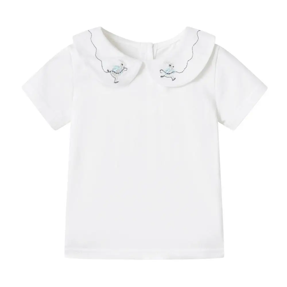 2024 Embroidery Baby Girl T-Shirt Doll Collar White Clothes Simple Cartoon Base Children Clothing Summer Short Sleeve Babies Top