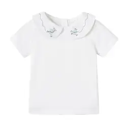 2024 Embroidery Baby Girl T-Shirt Doll Collar White Clothes Simple Cartoon Base Children Clothing Summer Short Sleeve Babies Top