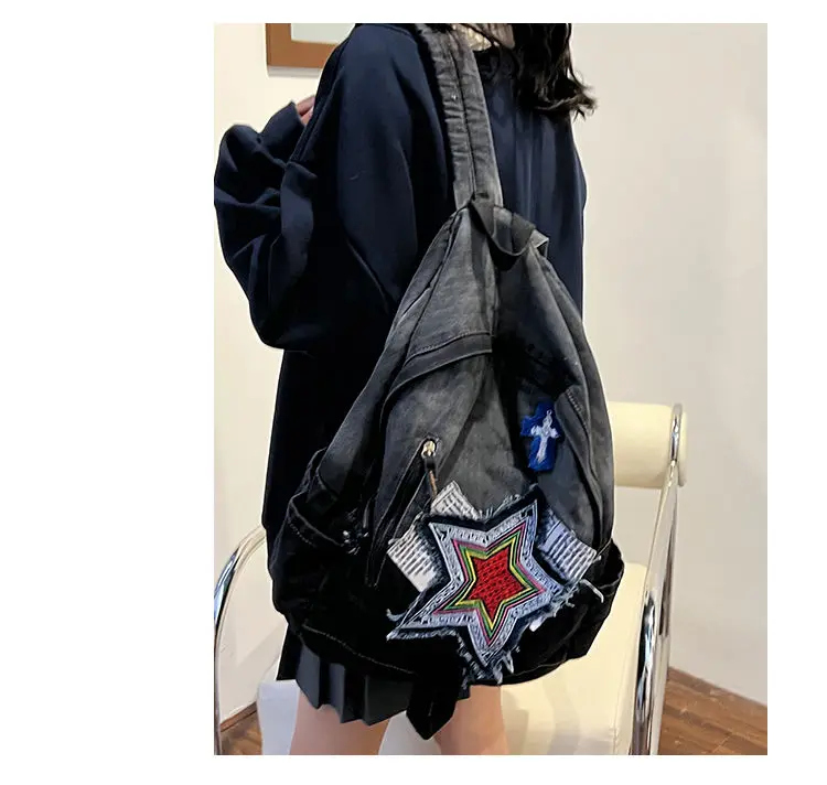 JIAERDI Vintage Grunge Denim Backpacks Women Patchwork Large Capacity Y2k Mochila School Bag Ladies Harajuku Backpack Aesthetic