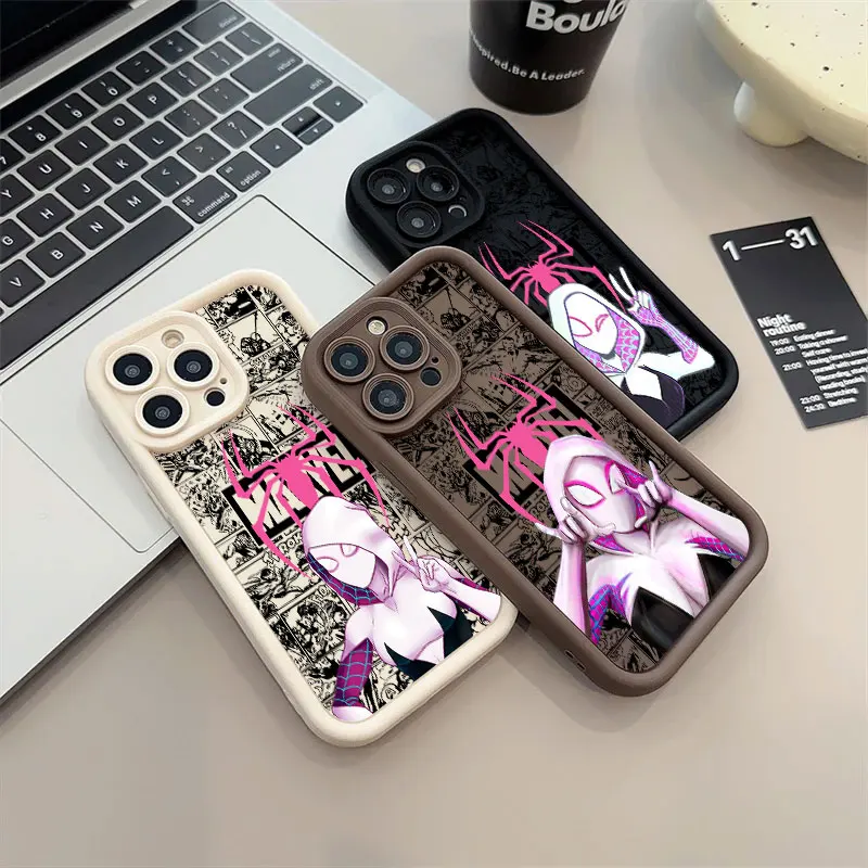 Marvel Comics Phone Case For iPhone 11 12 13 14 15 16 Pro Max Spider Gwen Thicken Silicone Case For iPhone 15 16 Plus Soft Cover