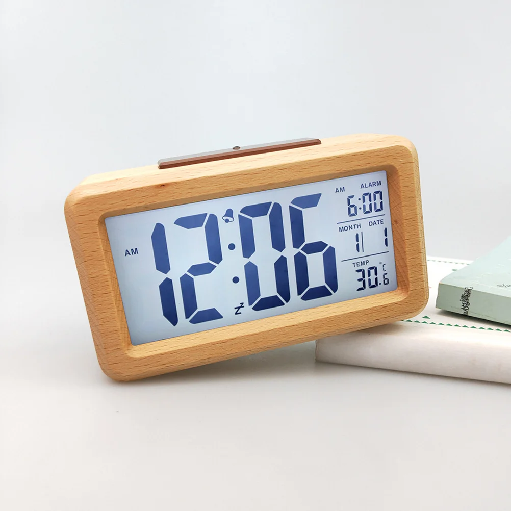 

1Pcs Wooden Digital Alarm Clock LED Desktop Light Sensor Temperature Display Design for Home Bedroom Office Travel