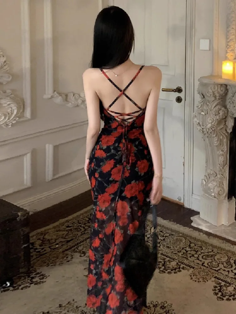 Robe longue à bretelles imprimée, dos nu, Sexy, Vintage, épicée, taille haute, Slim Fit, robes de soirée
