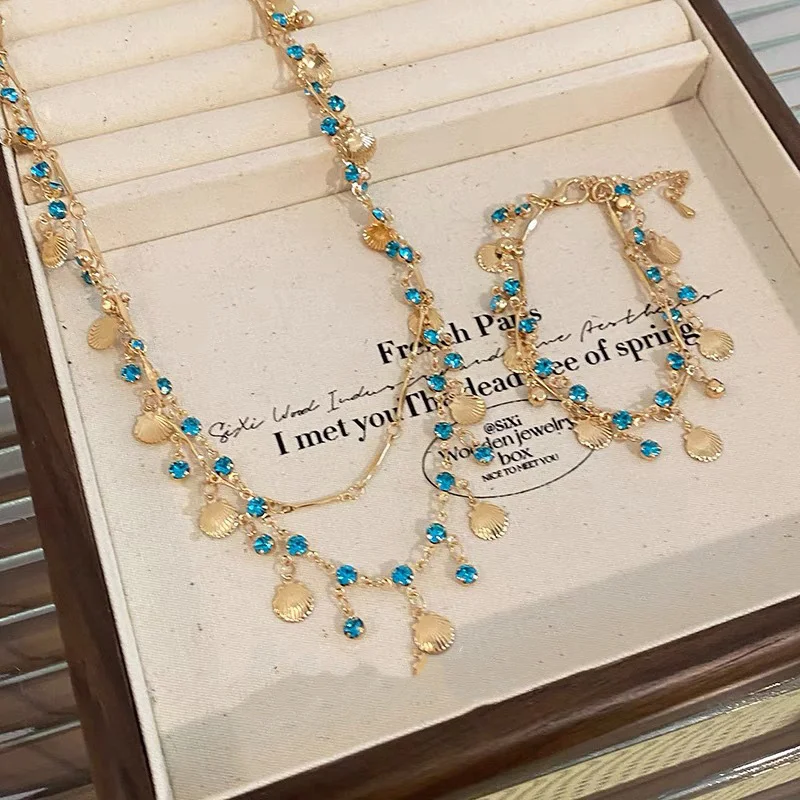 Elegant Gold Color Chain Shell Blue Tear Jewelry Set Crystal Choker Necklace Bracelet For Women Wedding Jewelry Birthday Gift