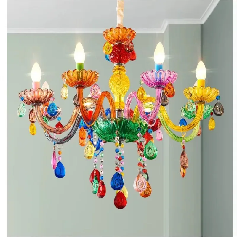 Modern Macaron Colorful Crystal Chandelier Decorative Hanging Lamp for Living Room Dining Room Bedroom Cafe Bar Home Decor