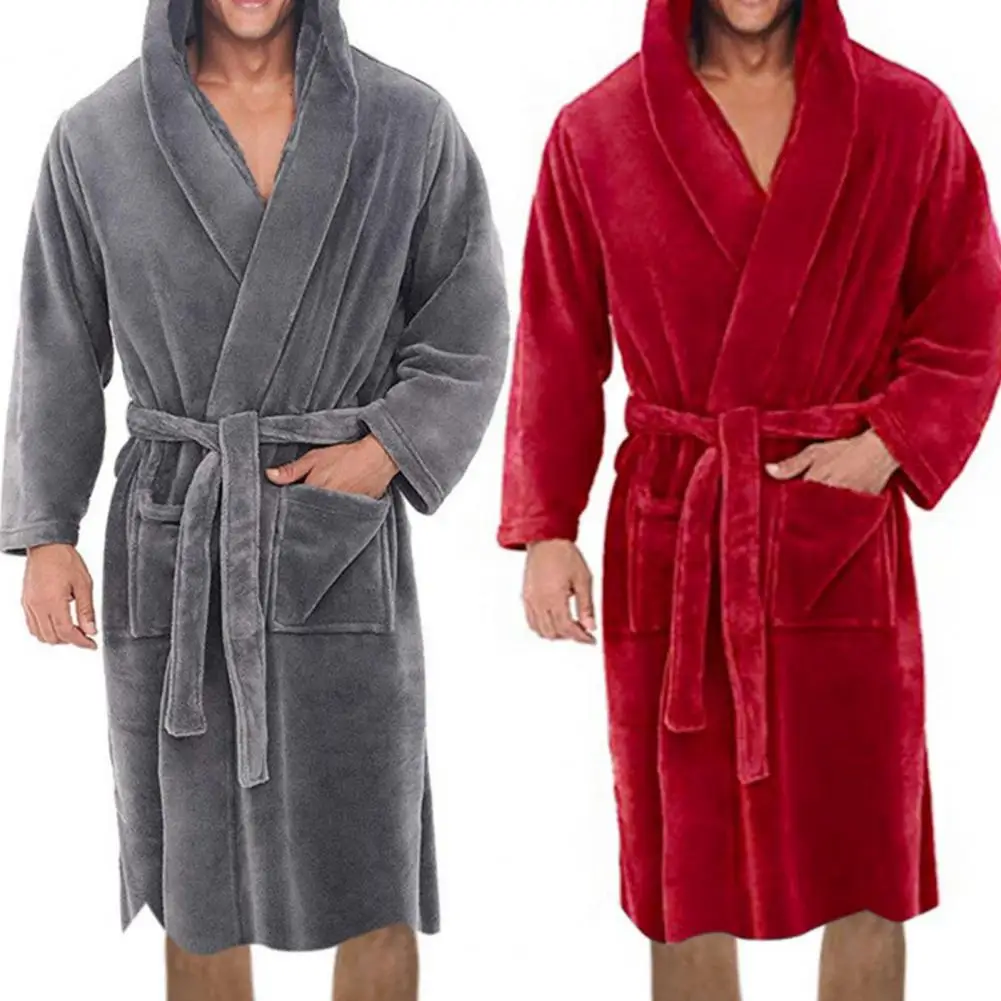Bata de baño larga con bolsillos para hombre, ropa de dormir de lana de Coral suave, ropa de casa suelta y cómoda, Color sólido, talla grande