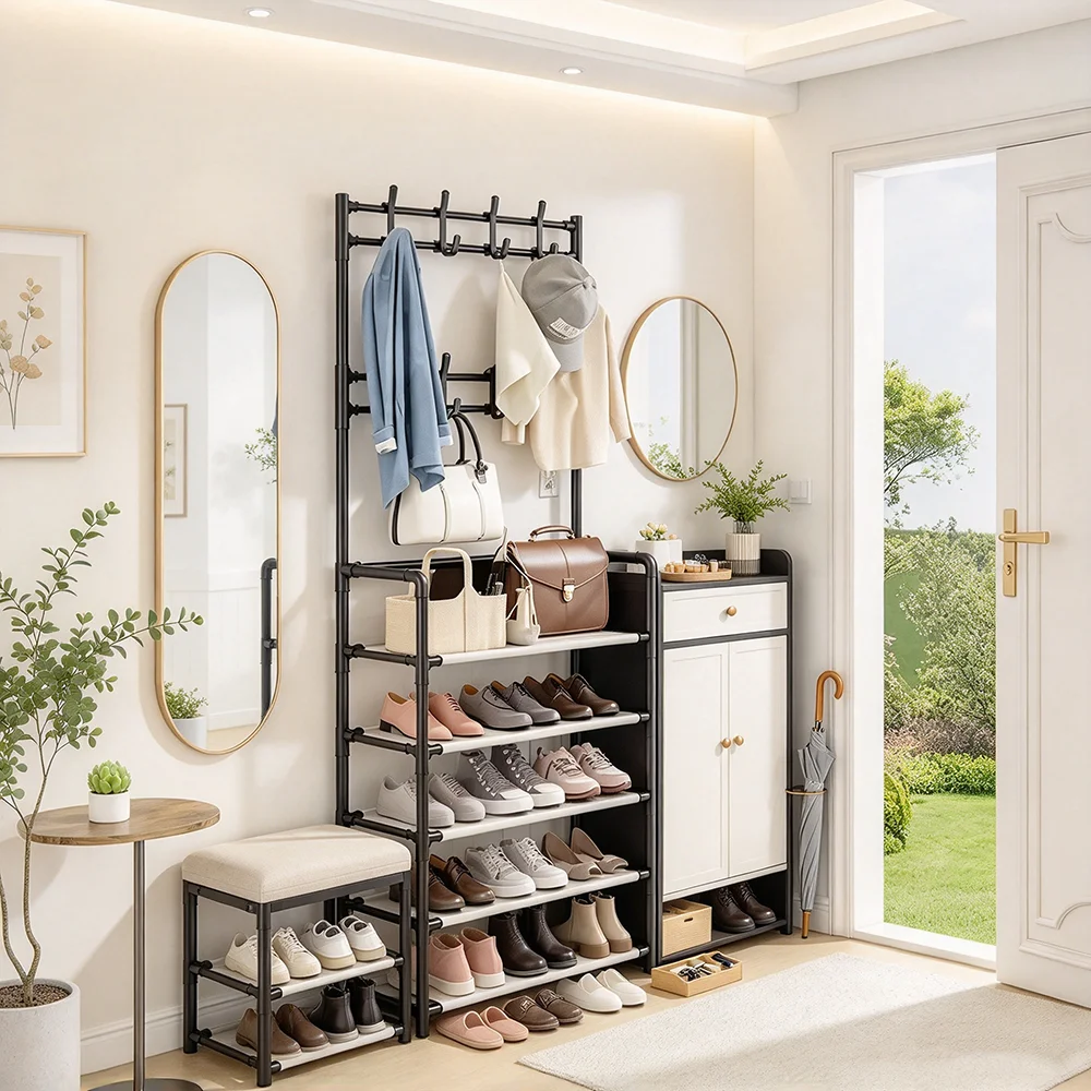 A Clothes Hanger and Shoe Rack at the Entrance, Used for Storing Shoes, Clothes, Jackets, Hats, Bags, Umbrellas in the Hallway