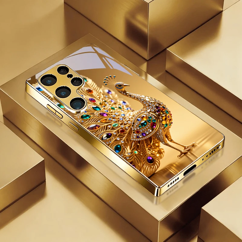 Jeweled Peacock Golden Phone Case For Samsung A50/A51/A52/A53/A54/A55/A56/A57/A71/A72/A73/A31/A32/A34/A36/A37/A30s Glass Cover