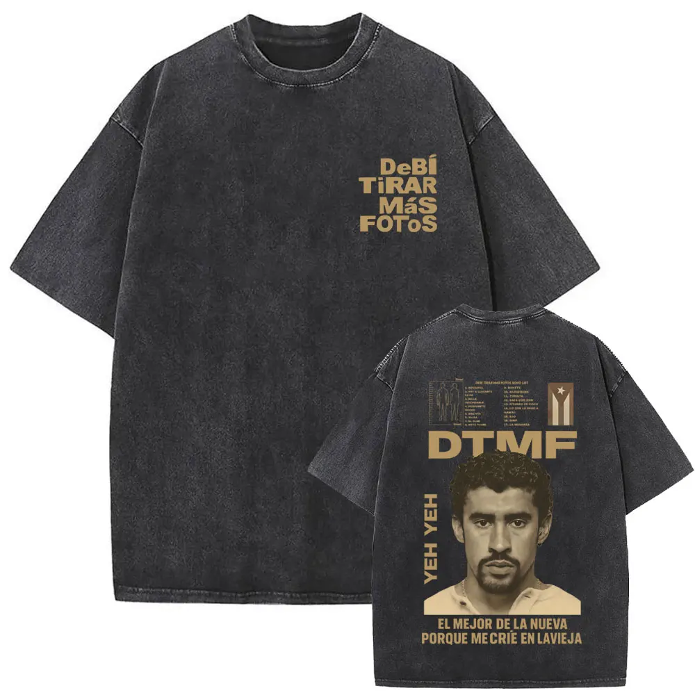 

Vintage Acid Washed Rapper Bad Bunny T Shirts Debi Tirar Mas Fotos DTMF World Tour T-shirt Men's Women Hip Hop O Collar T-shirts