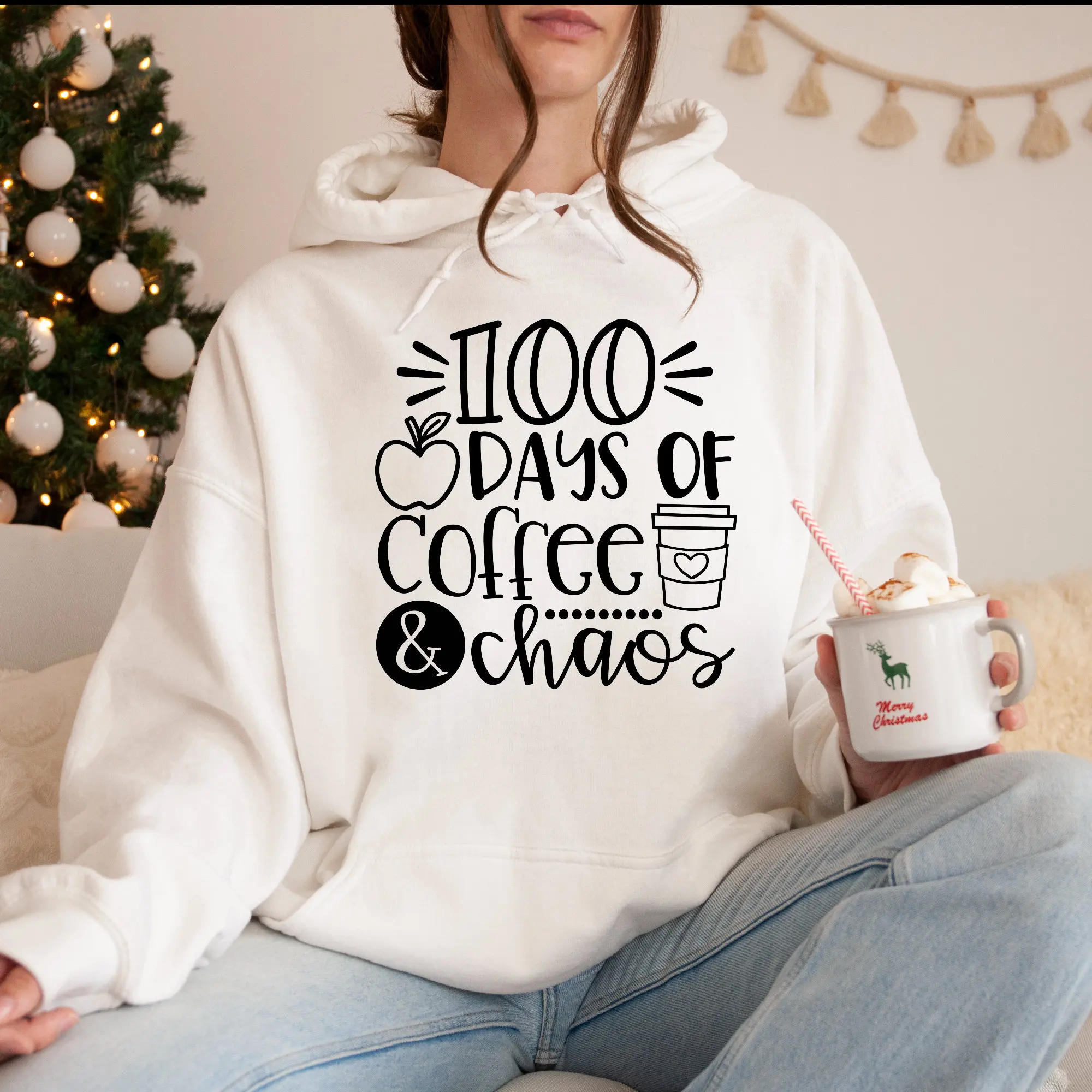 

100 Days of Coffee and Chaos Hoodie Sweatshirt Women Long Sleeve Sweatshirt Pullover Tops Fashion Autumn Winter Clothing