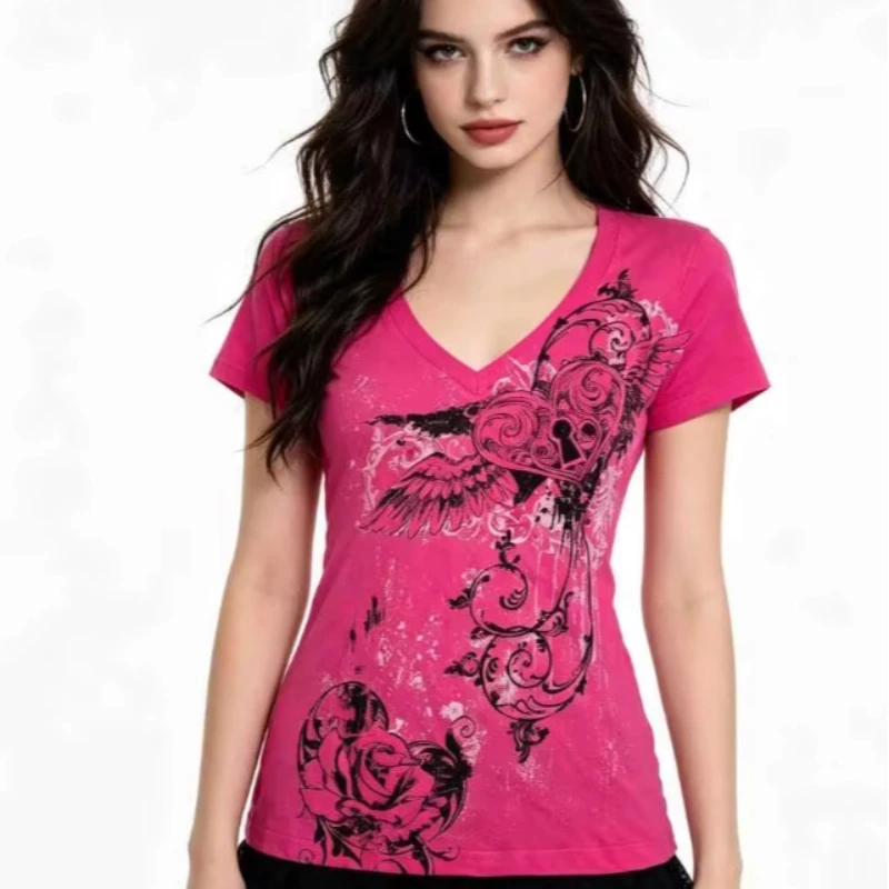 Personality Trend Summer New Y2K Slim Fit T-Shirt Printed Harajuku Girl Fashion Retro Short Sleeved T-Shirt Women's Clothes Emo