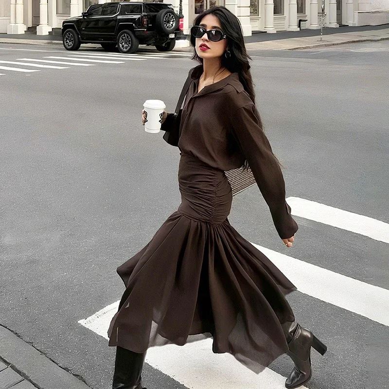 فستان قميص بأكمام طويلة مع طيات المرأة الصلبة موضة شبكة الربط التلبيب أزرار سليم مثير عالية الخصر فستان الخريف #5