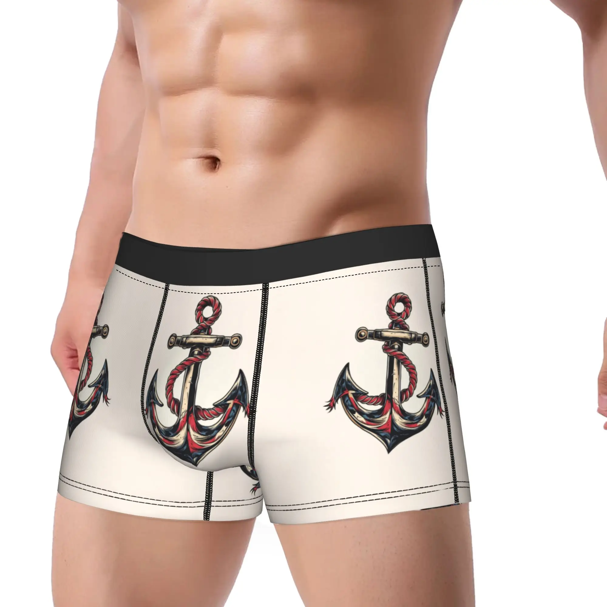 Nautical Anchor Boat Underwear  Printing Trunk Hot Sale Men Panties Breathable Boxer Brief Gift