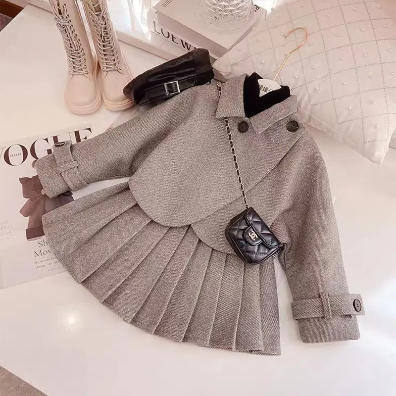

New Spring and Autumn Girls' Woolen Suit Coat with Pleated Short Skirt Two-Piece Set, Padded and Thickened Children's Suit
