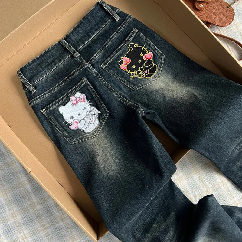 

American Style Angels & Demons Hello Kitty Embroidery Jeans for Women New Autumn Streetwear Girl Trendy Flared Long Denim Pants