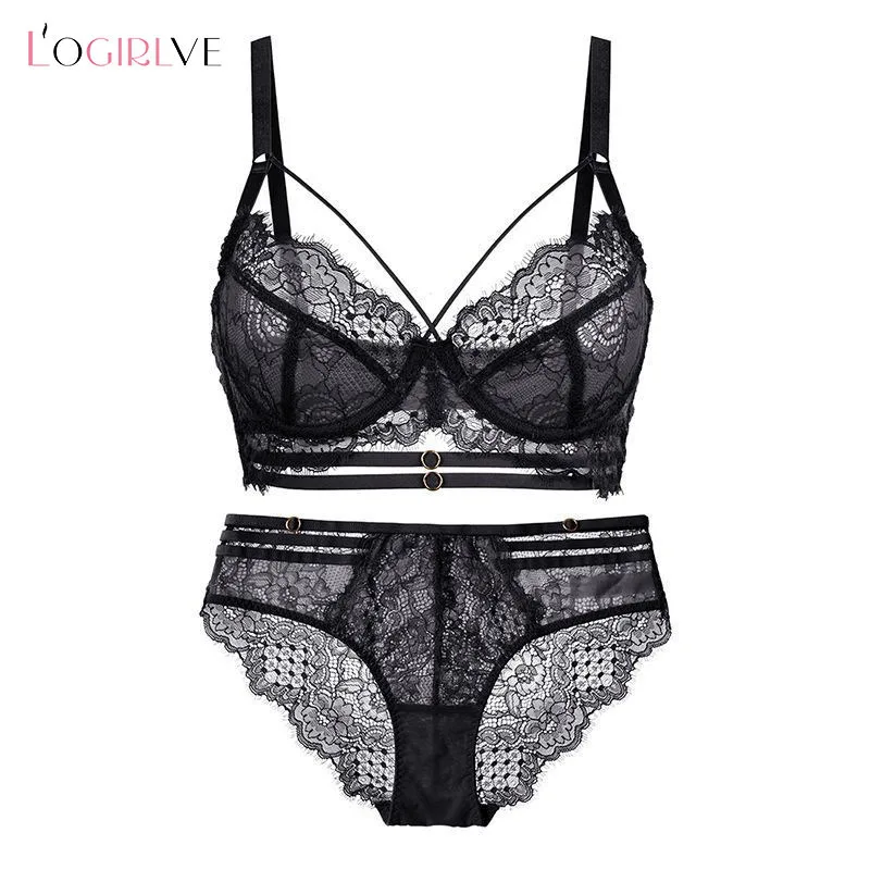 Logirlve Sexy Lingerie Ultra-thin Cup For Women underwear Classic Bandage Bra Set Push Up Brassiere Lace Plus Size Underwear Set