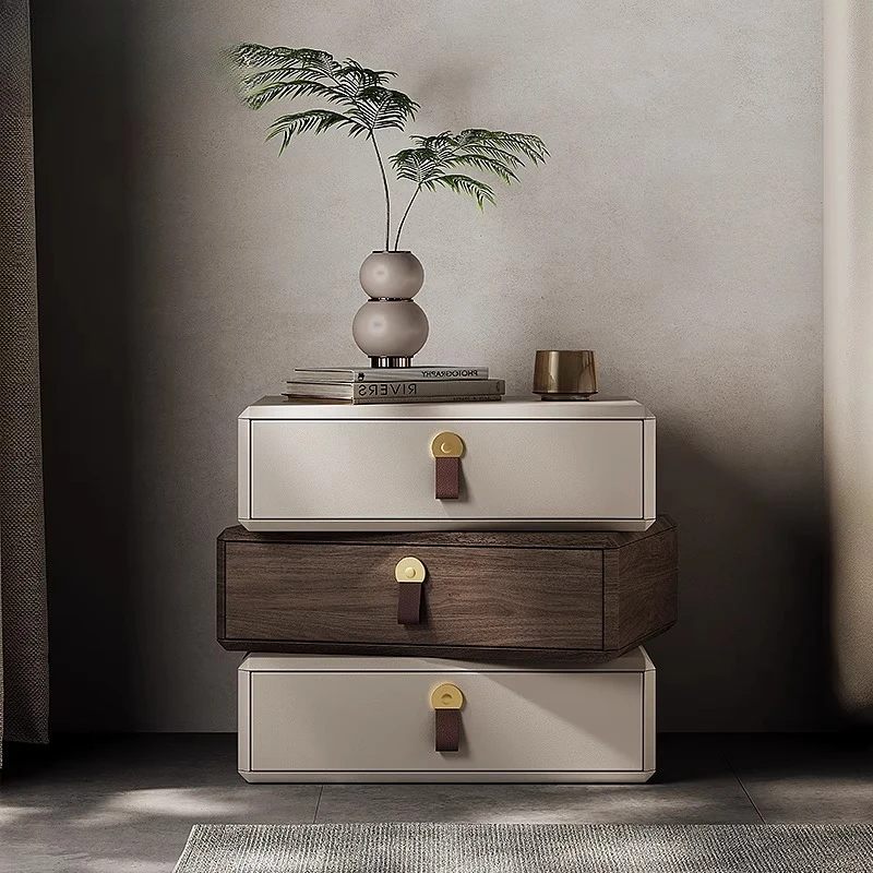 

Italian minimalist solid wood creative rotating bedside table light luxury high-end bedroom white bedside table leather edge few