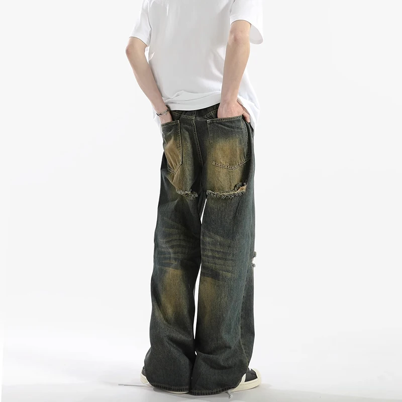 WTHT Vintage 2025 Estate da uomo Gradient Hole Do Old Design Pantaloni in denim Moda stile americano Jeans dritti larghi Maschio 2A1136