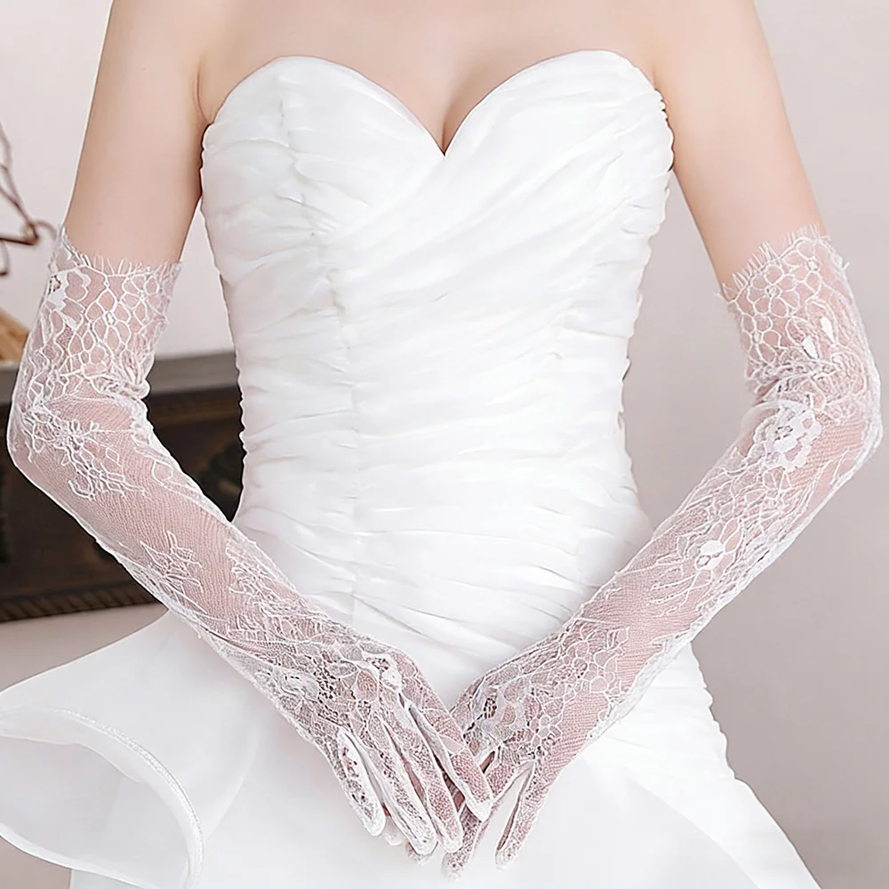 Fashion Retro Black White Hollow Mesh Lace Floral Long Gloves Thin Sheer Elegant Sexy Women Bride Wedding Party Prom Dress Glove
