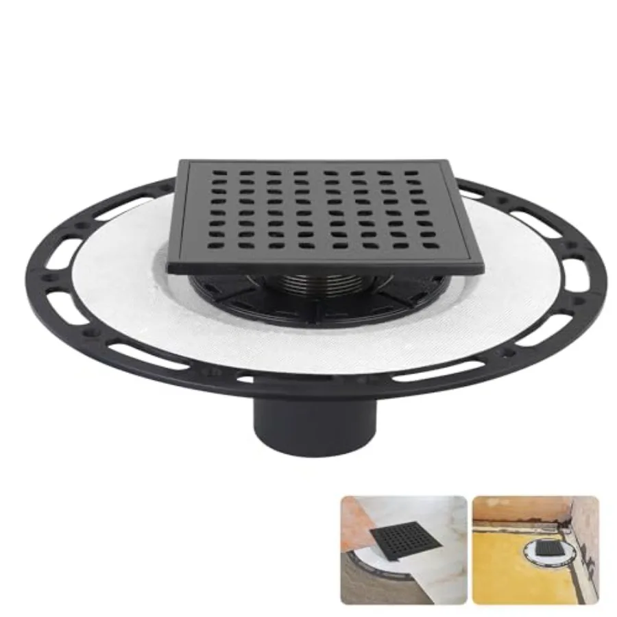 

Square Shower Drain 6-h Matte Blk Kit wi BondinFlange Removable SinleSteel Grate and Hair Strainer Fits 2" and 3" Pipes for Til