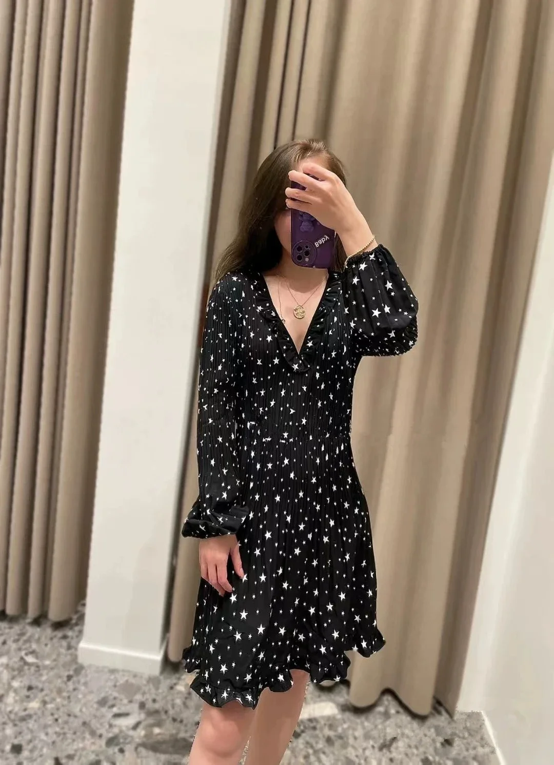 Stars Printed Dress for Women Ruffles Spliced V-Neck Long Lantern Sleeve Pleated Vintage Mini Robe