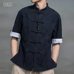 Chinese Style Summer Thin Short Sleeve Shirt For Men Clothing Vintage Plus Size Cotton Linen Tops Tai Chi Kung Fu Wrinkle Hanfu