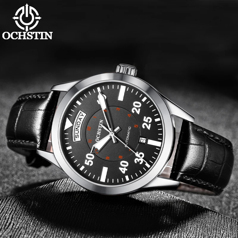 OCHSTIN, relojes de pulsera mecánicos para hombre, relojes de piloto militar, calendario doble, reloj automático resistente al agua de nailon para