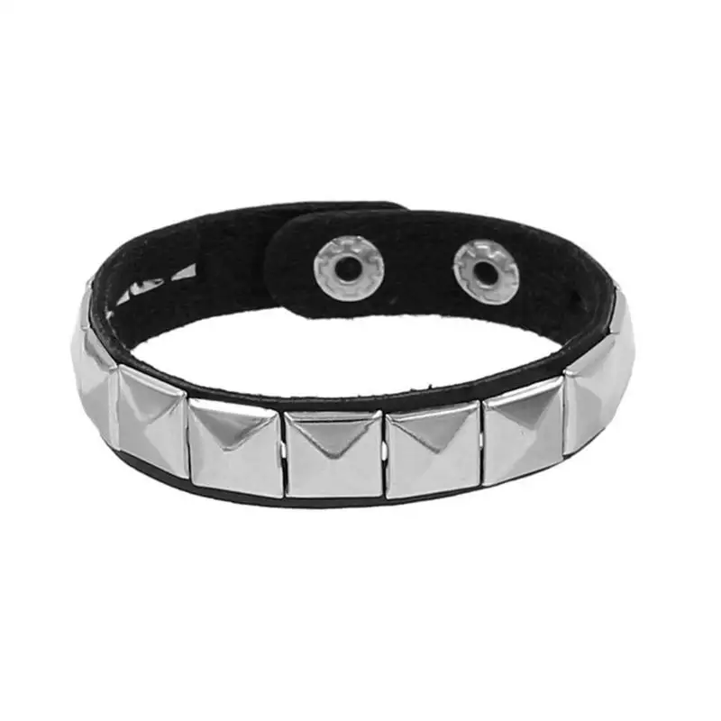

A52E Black Leather Punk Bracelet Square Studs Bracelet Square Rivet Wristband Leather Texture for Matching Trendy Look