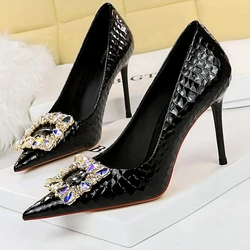 BIGTREE Shoes Women Heels Metal Water Drill Buckle Woman Pumps Textured Patent Leather High Heels Stilettos Sexy Party Shoes