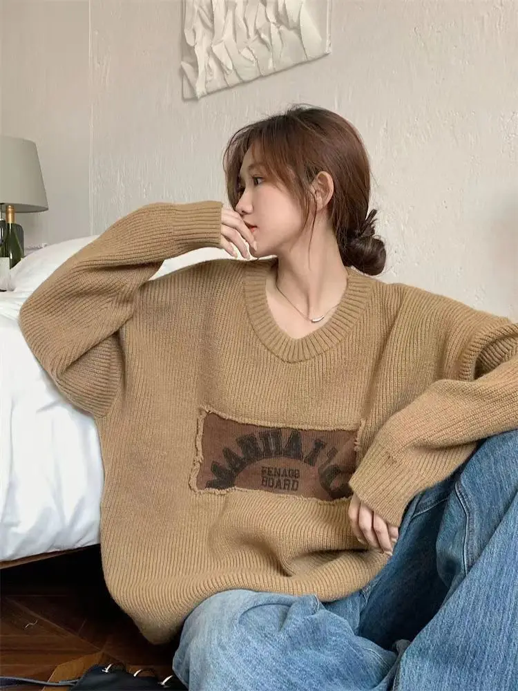 

Korean Fashion Autumn Winter Sweater Pullovers for Women Loose Oversized Sweater Letter Knitted Pullovers O Neck