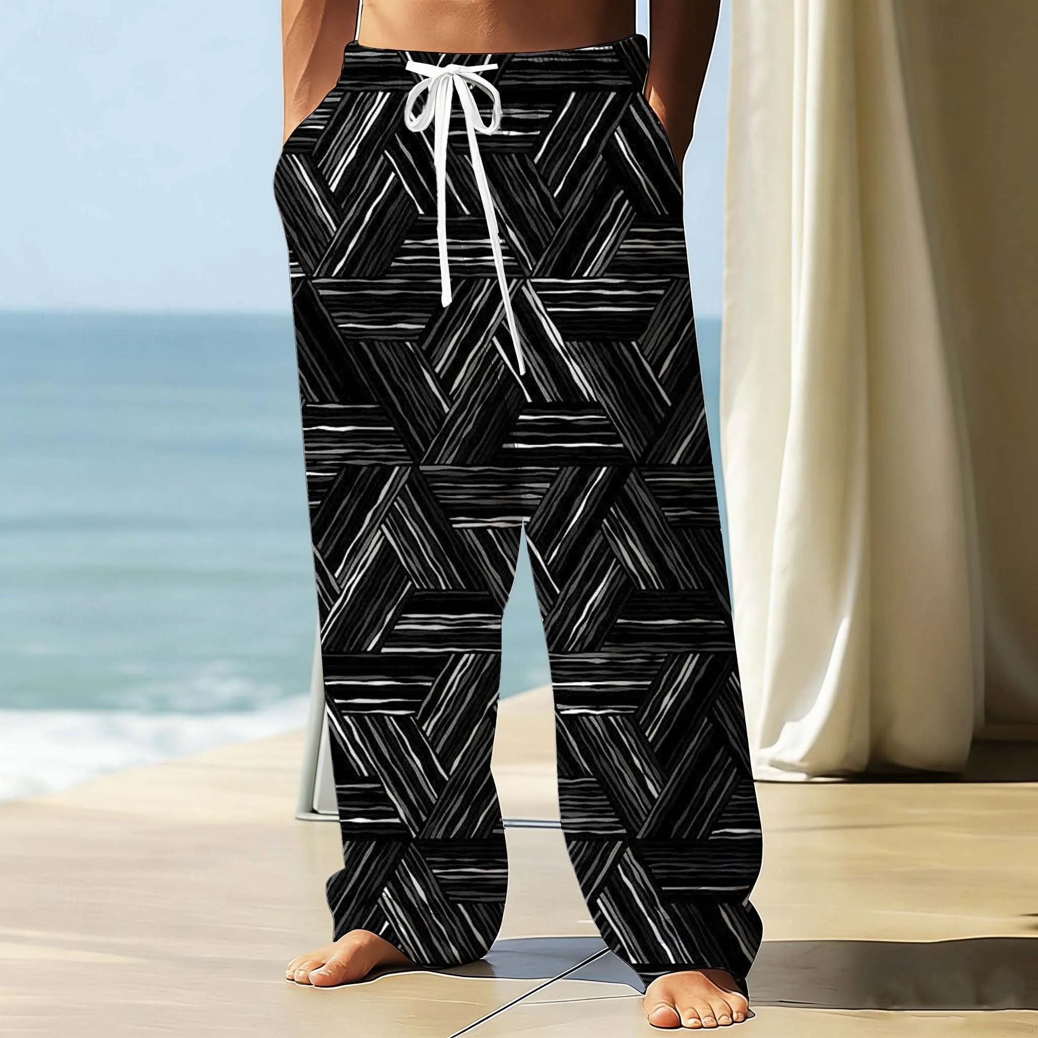 Neu eingetroffen: Line Grid 3D-Print-Hose mit geradem Bein, Unisex-Freizeithose, Streetwear, Urlaub, Strand, Urlaub, Alltags-Loungewear – Detail 5