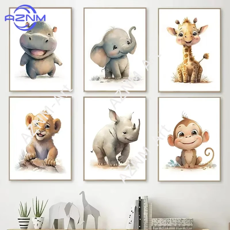 1/6 Stück Cartoon-Dschungeltiere Poster Niedlicher Elefant Löwe Nilpferd Leinwandgemälde Kinderzimmer Wandkunst Bilder Raumdekoration