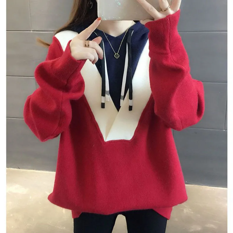 

Fashion Hooded Lace Up Fake Two Piece Hoodies Female Clothing 2023 Winter New Oversized Casual Pullovers Korean Sweatshirts