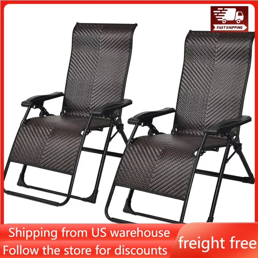 

2 PCS Rattan Zero Gravity Chair Outdoor Adjustable Folding Lounge Chair with Widened Armrest Duty Wicker Chaise Folding Recliner