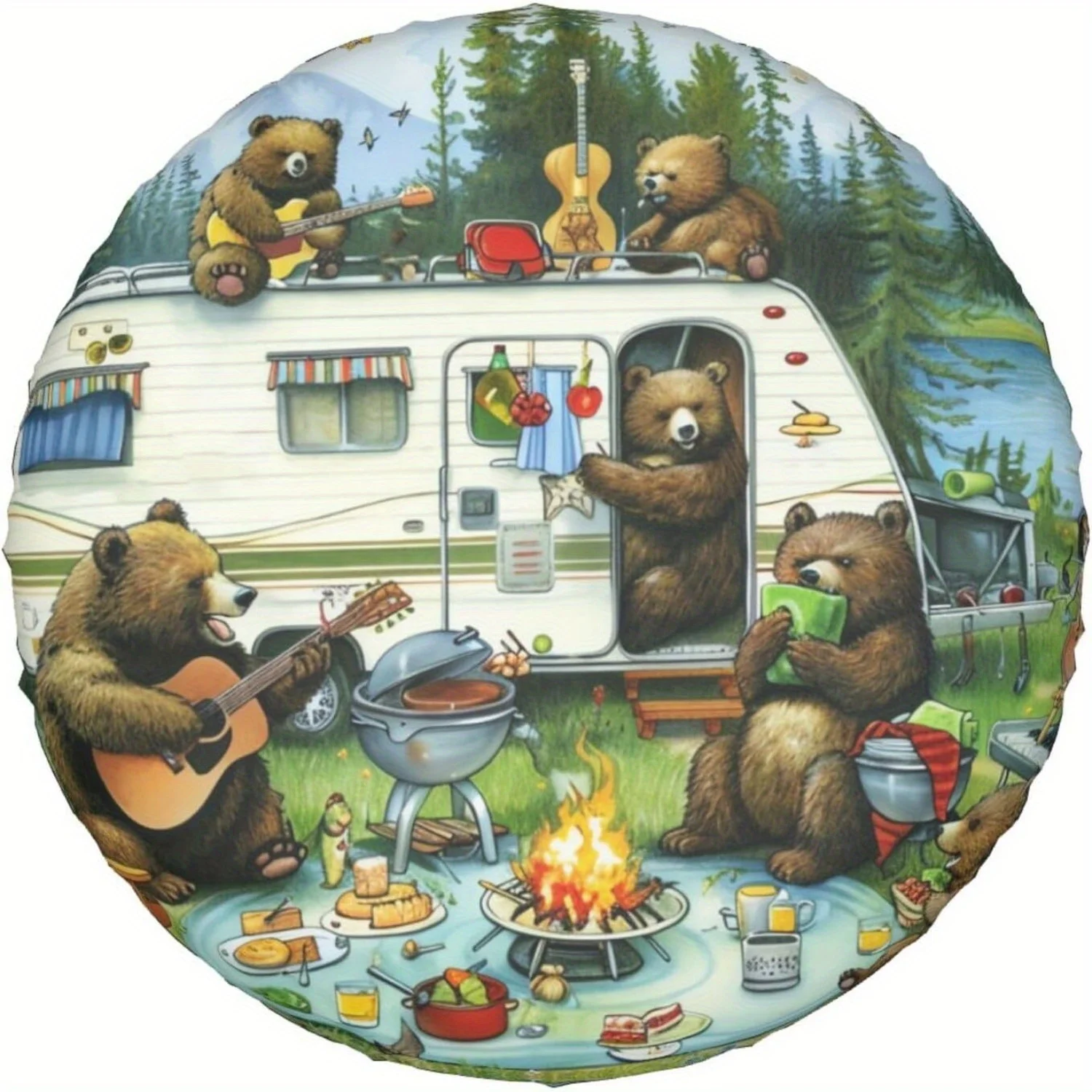 1 Stück Frühling Camping Bears Reserveradabdeckung RV, SUV, LKW, Anhängerradschutz mit Bären Kochen, Gitarrenspieler