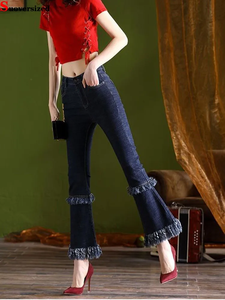 

Tassel Fringed Bootcut Pants Women's Casual High Waisted Vintage Denim Pants Streetwear Fashion Retro Ankle-length Vaqueros