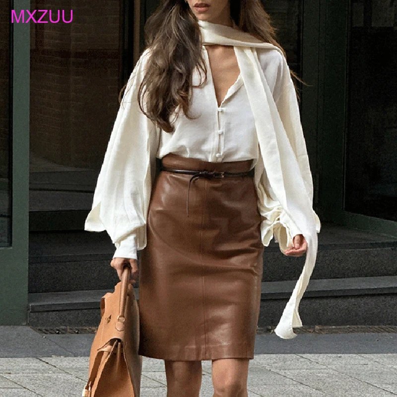

Brown Genuine Leather Skirt Women Autumn Winter New Full Vegetable Tanned Sheepskin High Waist Simple Sexy Split Wrap Hip Skirts