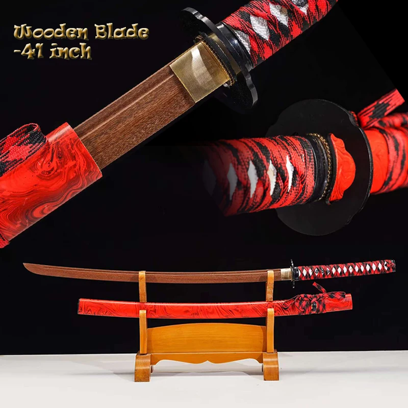 Espada de Entrenamiento Iaito Hecha a Medida, Katana Japonesa, Hoja de Madera, Saya con Líneas Rojas y Negras Impresas, Espada Decorativa para el Hogar