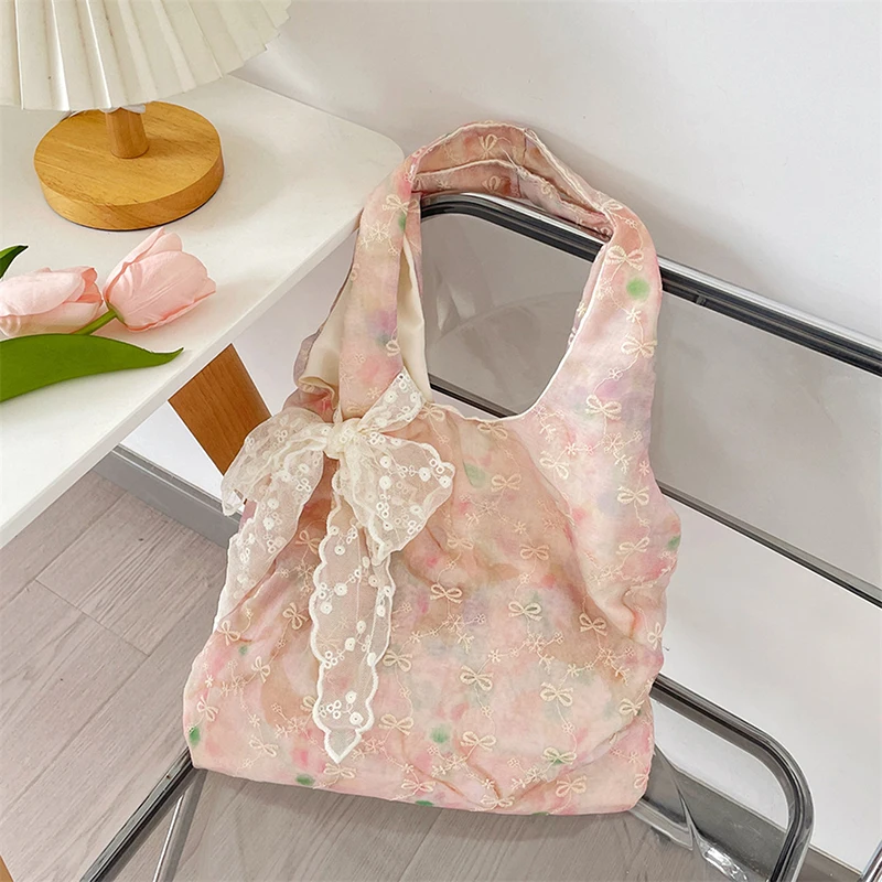 

Over-Sized Casual Tote Bag for Women with Floral Bow Lace Design Stylish Shopper Handbag