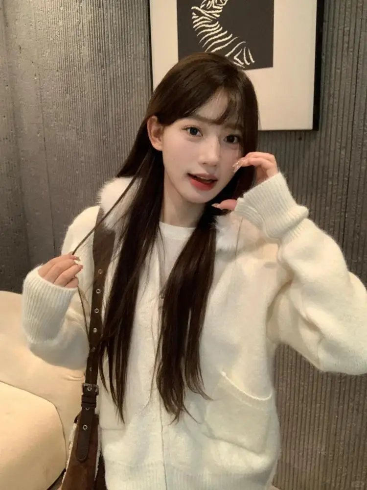 

Korean Women 2025 Autumn Winter New Vintage White Loose Hooded Short Sweater Khaki Long Sleeve Knit Cardigan Tops Fashion Simple