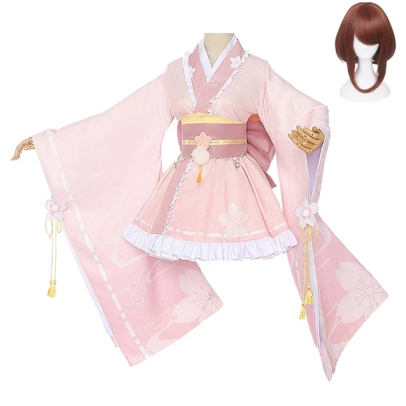 

Anime Uraraka Ochaco Cosplay Costume Wig Kimono Lovely Pink Lolita Dress Hallowen Carnival Party Suit